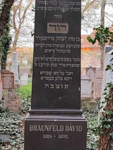 Gravestone of Dávid Braunfeld, Kecskemét Jewish cemetery: “R’ David son of R’ Yitzchak Braunfeld … also moreh tzedek (religious judge) to his community here … died 30 Nisan, which