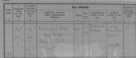 Baja civil register, death no. 59, 7 February 1921: József Braunfeld, retired cantor, 68, husband of Johanna Breszlauer — father “the late Ignác Braunfeld”.