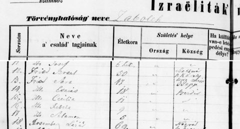 1848 census of Bezdéd (Szabolcs county), nos. 12–17: Izrael Fried, 50, born at Nagykároly, Szatmár county, with his wife Sára (Záli Klein), born in Ung county, and their children.