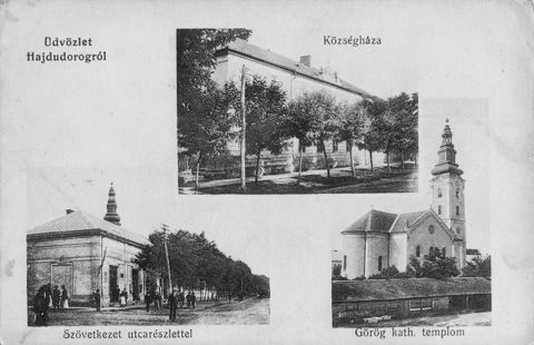 Hajdúdorog — postcard with three views of the town, 1914.
