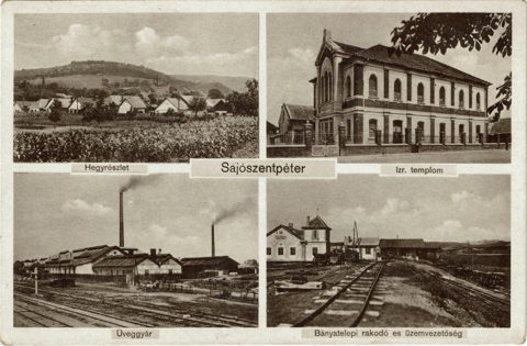 Greetings from Sajószentpéter — multi-view postcard with the synagogue, 1918–1926.