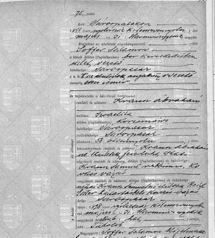 Sárospatak civil death 1898 no.75, Krausz Ábrahám, innkeeper, 58, wife Feierlicht Kati; father Krausz Sámuel rabbi of Kovácsvágás, mother "néhai Krausz Sámuelné szül. Reich Es