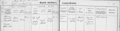 Hajdúdorog Jewish marriage register, 1877, fol. 59 no. 1: Sámuel Klein marries Eda (Ida) Engel, daughter of Jakab Engel, 20 March 1877.