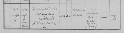 Kecskemét civil death register, 1913, certificate 624: Dávid Braunfeld, Jewish assistant clergyman (segédpap), 54, died 7 May 1913; wife Rebeka Goldmann; parents the late Ignácz Br