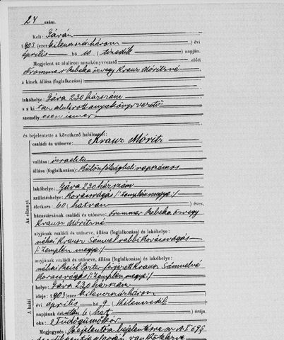 Gáva civil death 1903 no.24, Krauz Móritz, 60, b. Kovácsvágás, widow Frommer Rebeka; parents néhai Krausz Sámuel rabbi × néhai Reich Eszter