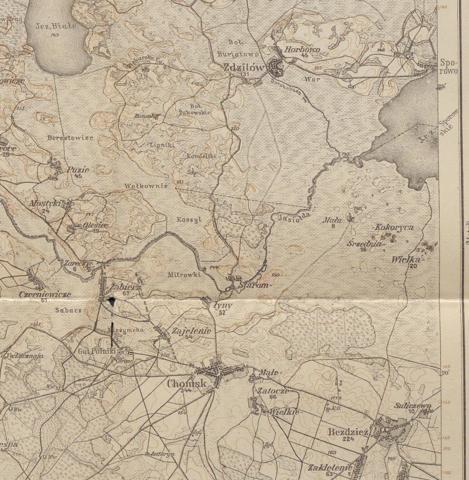 Chomsk and, a few kilometres to its north-east, the villages of Zdzitów (which gave the Zditowski family its name) and Horbowo (where the family lived in 1897), on a German army ma