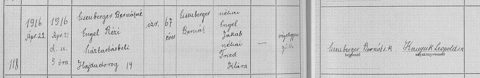 Hajdúdorog civil death register, 1916, certificate 118: Rézi Eisenberger née Engel, widow of Bernát Eisenberger; daughter of the late Jakab Engel and Klára Fried.