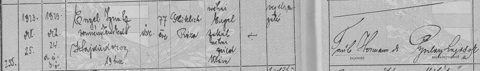 Hajdúdorog civil death register, 1923, certificate 255: Ignátz Engel, produce merchant, 77, died 24 October 1923; wife Róza Glücklich; parents the late Jakab Engel and Klára Fried.