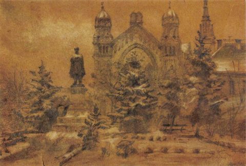 The old synagogue of Miskolc, painting by Ödön Bartus (1888–1950), c.1920.