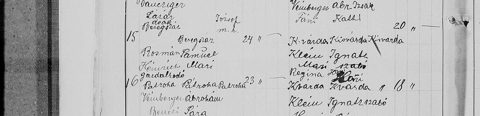 Kisvárda Jewish marriage register, 1875: Heinrich Rosman, 23, son of Samuel and Mari, marries Regina Klein. That Heinrich is József Rosman of Pátroha, a brother of Betti Glück née