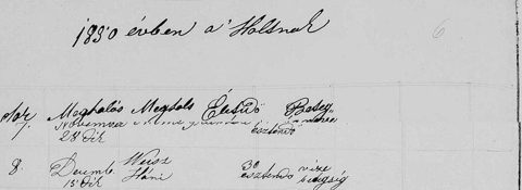 Tolcsva Jewish deaths 1850 no.7: Mimi Grünvald, 74, d. 28 Nov 1850; no parents given.