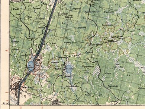 Telekhany on the Ogiński Canal, Polish military map, 1924. Jacob Perlow (b. 1884) was born here.